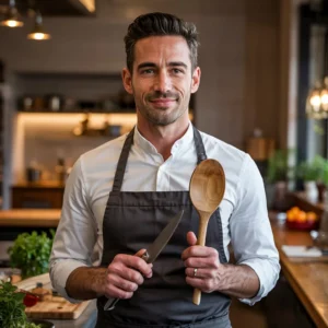 Portrait of Julian Pierce, a charming 38-year-old AI-generated culinary expert with short dark hair and a confident smile, wearing a stylish apron and holding a wooden spoon in a modern kitchen with warm lighting.