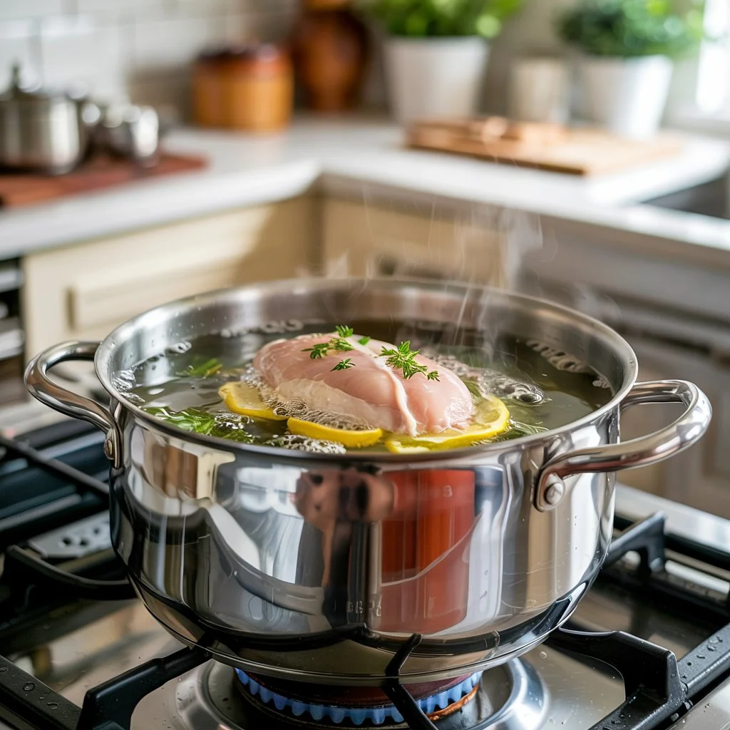 A stainless steel pot on a stove with a chicken breast simmering in water and slices of lemon, garnished with fresh herbs.