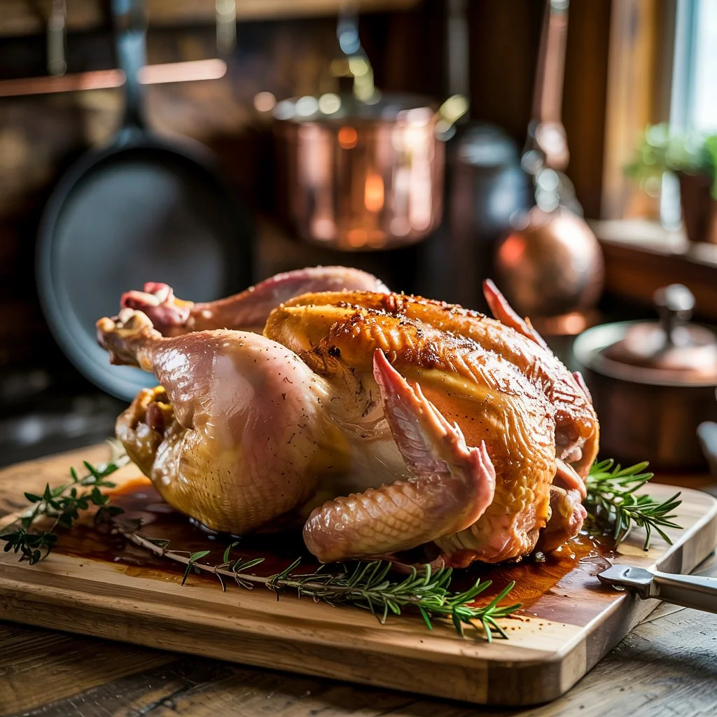A beautifully roasted whole turkey on a wooden cutting board, garnished with fresh rosemary in a rustic kitchen setting.