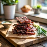 A stack of dried beef jerky on a wooden cutting board, accompanied by green onions and a small bowl of sesame seeds.