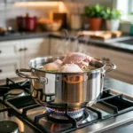 A stainless steel pot on a stove simmering with chicken pieces and vegetables, surrounded by steam in a bright kitchen.