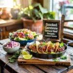 Three tacos filled with smoked ground beef, garnished with cilantro, served with lime wedges, alongside a fresh salad.