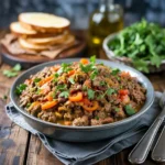 A hearty dish of seasoned ground beef mixed with bell peppers and garnished with fresh cilantro, served in a blue bowl.